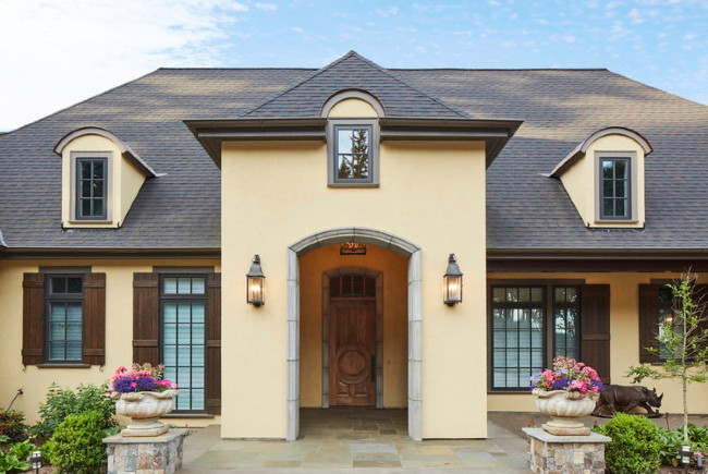 Light Yellow Stucco With Dark Roof And Shutters Light Yellow Stucco With Dark Roof And Shutters