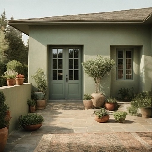 A Very Light Sage Green with Darker Doors and Windows